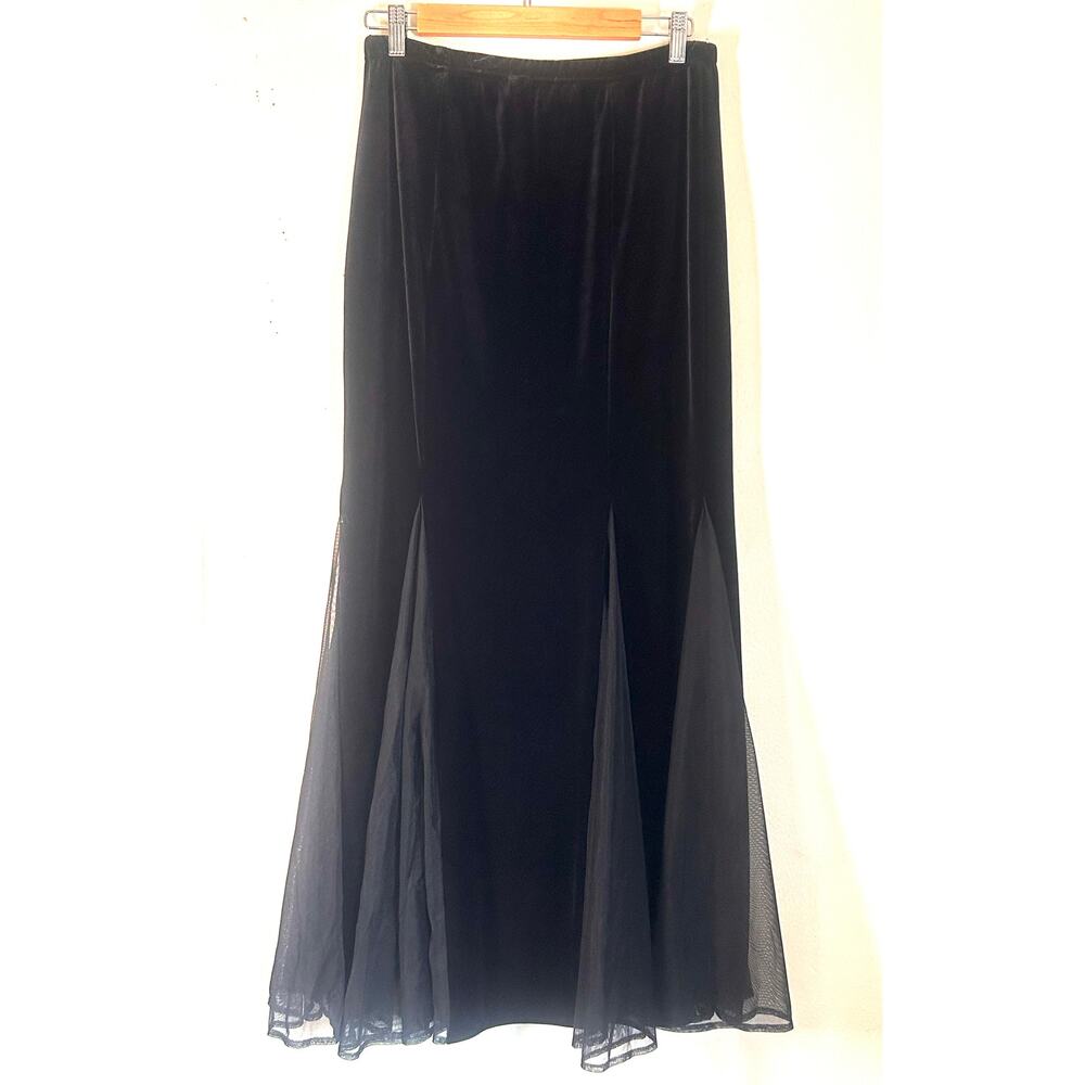 Vintage Jessica Howard Black Velvet Maxi Skirt with Mesh Godet Inserts Size 10